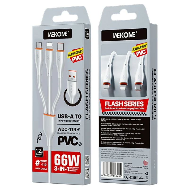 WEKOME WDC-119 Flash Series 1.2m 3 in 1 iP  /  Micro  /  Type C 66W Fast Charging 480Mbps Data Cable - White