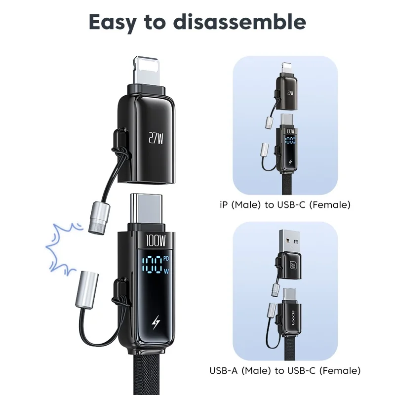 TOOCKI TQ-X96 1.2m USB-A / USB-C to USB-C / iP 100W Fast Charging Digital Display Data Cable