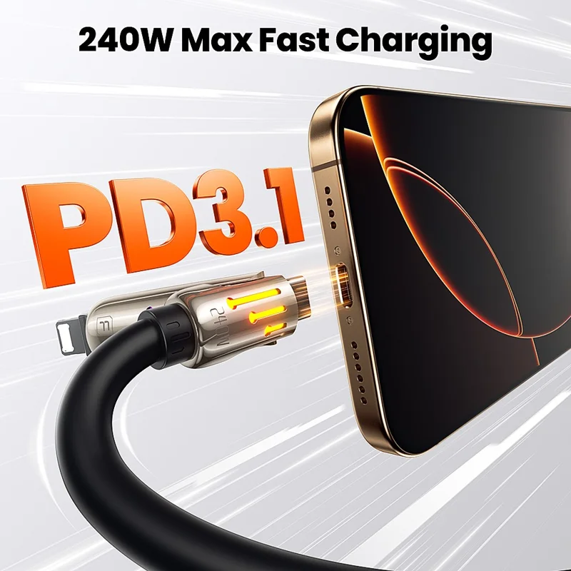 TOOCKI TQ-X103 2m USB-A / USB-C to USB-C / iP 240W Fast Charging Data Cable with Colorful Breathing Light