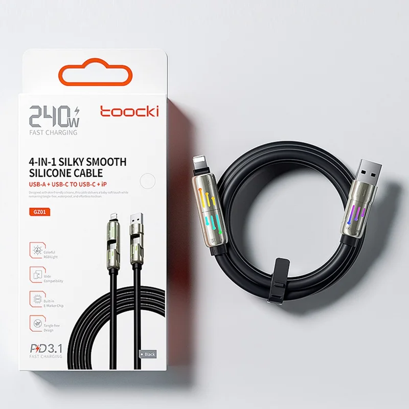 TOOCKI TQ-X103 2m USB-A / USB-C to USB-C / iP 240W Fast Charging Data Cable with Colorful Breathing Light