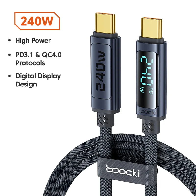 TOOCKI TQ-X57C4 2 m USB C till USB C 240 W PD snabbladdningskabel med digital display, flätad datorkabel