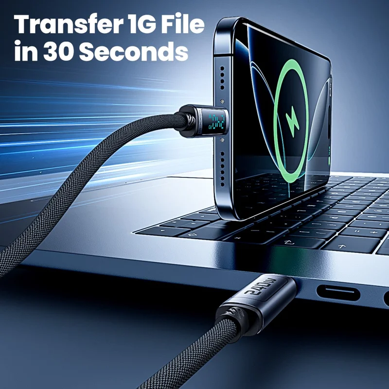 TOOCKI TQ-X57C4 2 m USB C till USB C 240 W PD snabbladdningskabel med digital display, flätad datorkabel