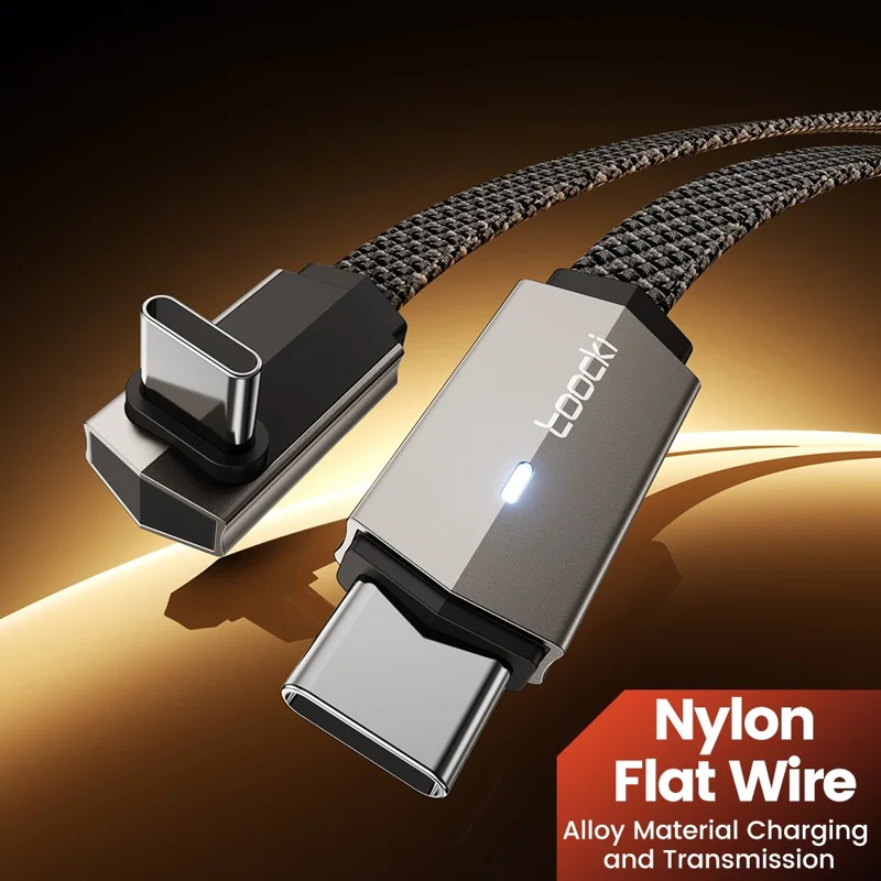 TOOCKI TQ-X85C1 1m 90 Degree Elbow Type-C to Type-C Data Cable 60W Fast Charging Flat Braided Cord - Grey