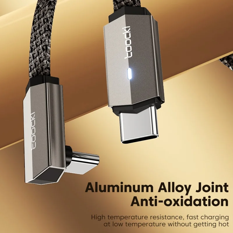 TOOCKI TQ-X85C1 1m 90 Degree Elbow Type-C to Type-C Data Cable 60W Fast Charging Flat Braided Cord - Grey