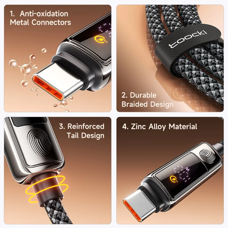 TOOCKI TX107C2 1m 100W Fast Charging USB C to USB C Cable Touch Control LED Display Data Sync Cord