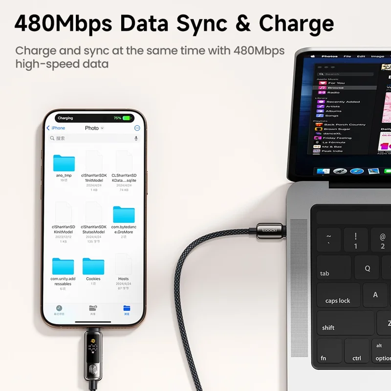 TOOCKI TX107C2 2m 100W Fast Charging USB C to USB C Cable Touch Control LED Display Data Sync Cord