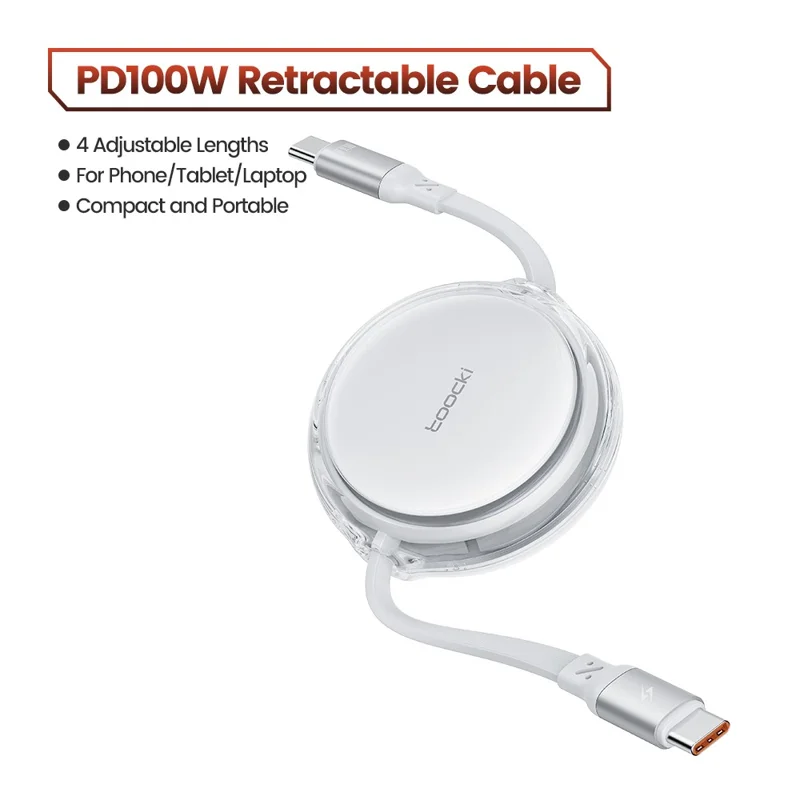 TOOCKI TQ-X94C2 1m Retractable USB C to USB C 100W PD Fast Charging Data Transfer Cable - White