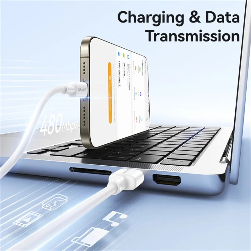 USAMS U90 SJ761 1 m USB-A till Type-C-kabel 3 A snabbladdning dataöverföringskabel, 480 Mbps hastighet – Vit