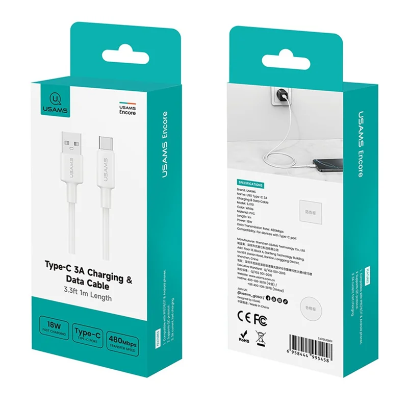 USAMS U90 SJ761 1 m USB-A till Type-C-kabel 3 A snabbladdning dataöverföringskabel, 480 Mbps hastighet – Vit