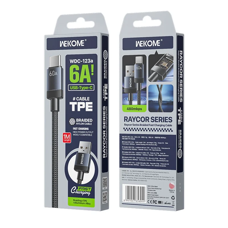 WEKOME WDC-123a Kinkong Raycor Series Braided Fast Charging Cable 6A USB to Type-C 480MB / S Data Transfer Cable