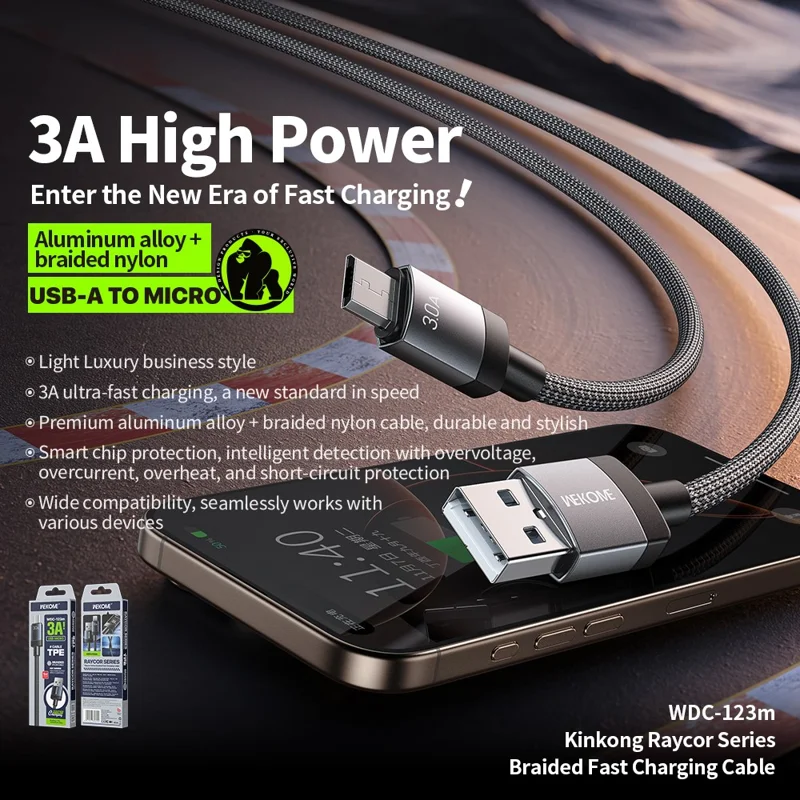 WEKOME WDC-123m Kinkong Raycor Series Braided Fast Charging Cable 3A USB to Micro 480MB / S Data Transfer Cable