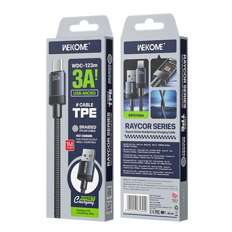 WEKOME WDC-123m Kinkong Raycor Series Braided Fast Charging Cable 3A USB to Micro 480MB / S Data Transfer Cable