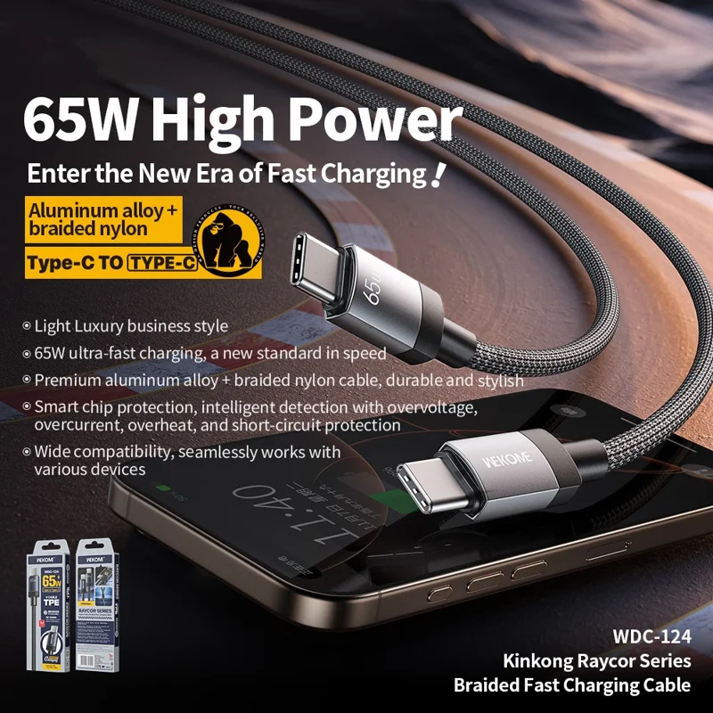 WEKOME WDC-124 Kinkong Raycor Series Braided Data Cable Type-C to Type-C 65W Fast Charging Cable