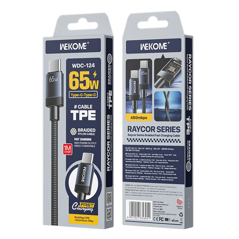 WEKOME WDC-124 Kinkong Raycor Series Braided Data Cable Type-C to Type-C 65W Fast Charging Cable