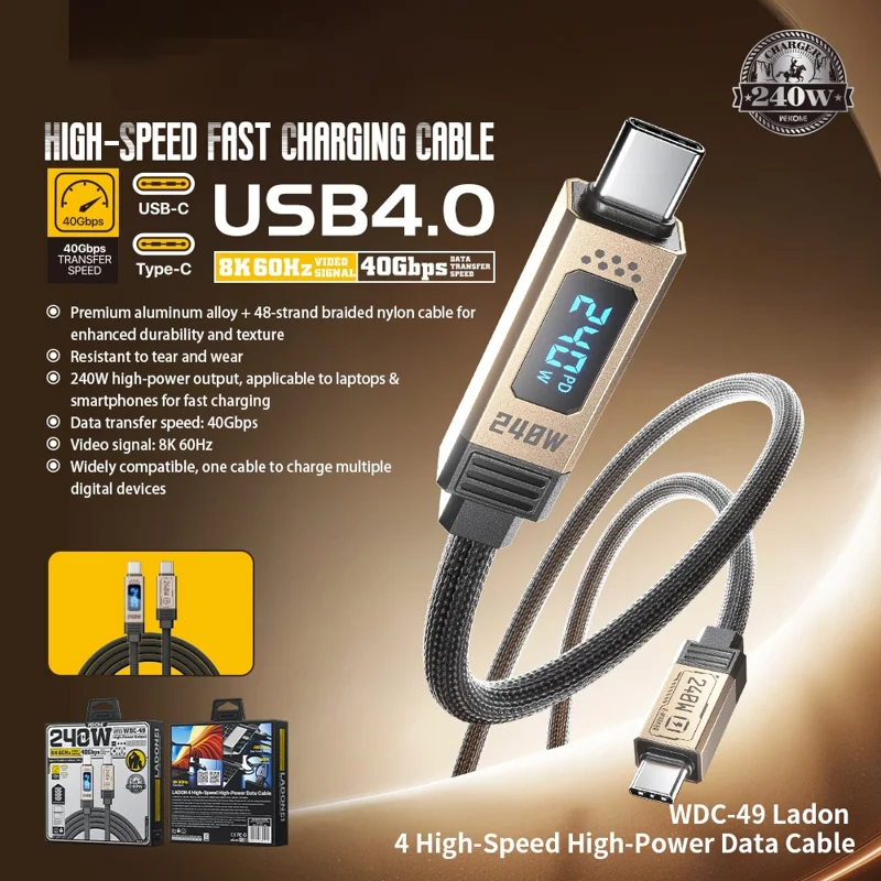 WEKOME WDC-49 Ladon 4 Type-C to Type-C Cable 40Gbps Data Transfer 240W High Power Data Cable