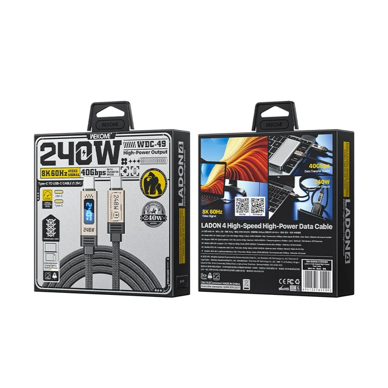 WEKOME WDC-49 Ladon 4 Type-C to Type-C Cable 40Gbps Data Transfer 240W High Power Data Cable