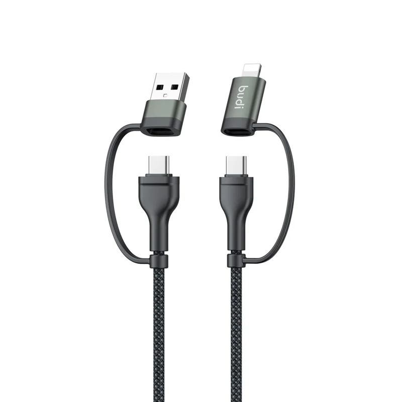 BUDI DC259ATTL12B 4 i 1 1,2 m PD 65 W USB/Type-C till iP/Type-C laddkabel snabbladdkabel - Svart