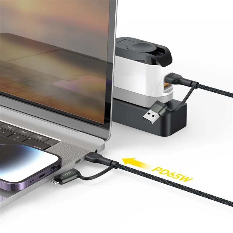 BUDI DC259ATTL12B 4 i 1 1,2 m PD 65 W USB/Type-C till iP/Type-C laddkabel snabbladdkabel - Svart