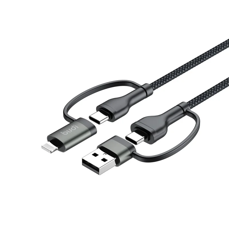 BUDI DC259ATTL12B 4 i 1 1,2 m PD 65 W USB/Type-C till iP/Type-C laddkabel snabbladdkabel - Svart