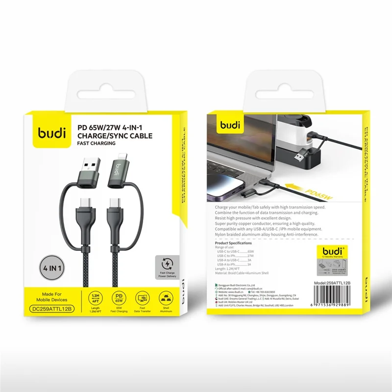 BUDI DC259ATTL12B 4 i 1 1,2 m PD 65 W USB/Type-C till iP/Type-C laddkabel snabbladdkabel - Svart