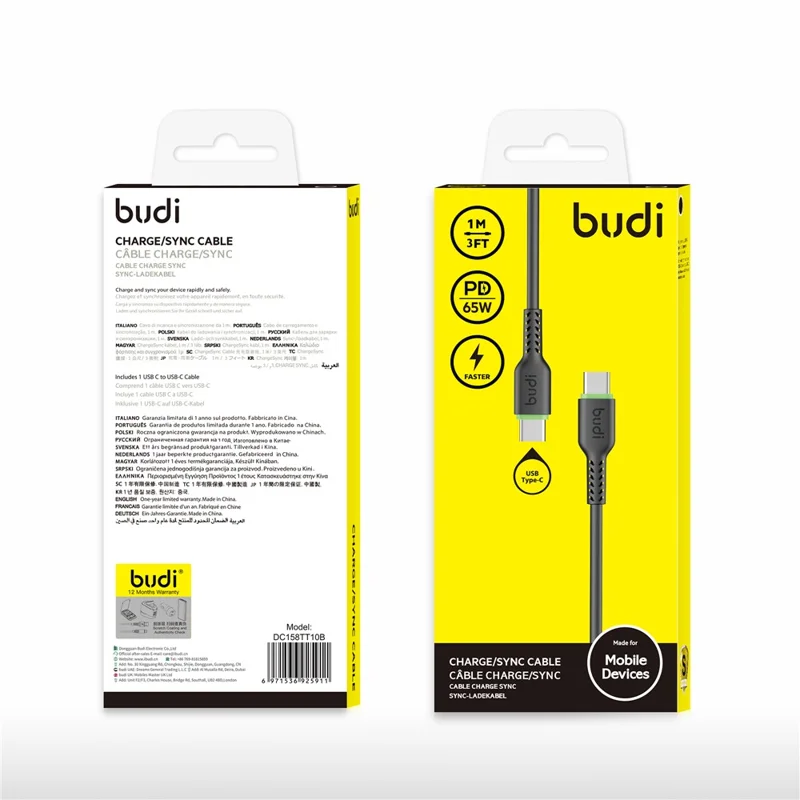 BUDI DC158TT10 1m 65W Fast Charging Type C Cable Soft TPE USB C to USB C Data Cord - Black