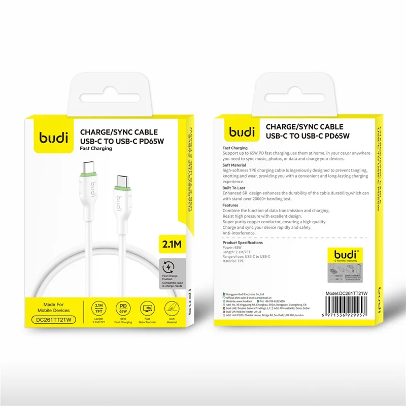 BUDI DC261TT21W 2,1 m 65 W Kabel szybkiego ładowania typu C Miękki przewód USB C do USB C
