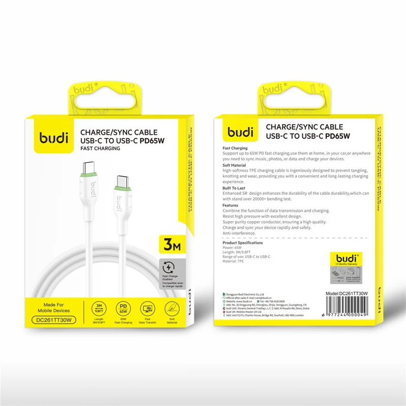 BUDI DC261TT30W 3m 65W Fast Charging Type C Cable Soft TPE USB C to USB C Data Cord