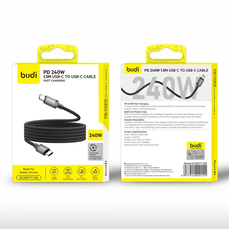 BUDI DC265TT15B 1.5m USB C to USB C PD 240W Fast Charging Magnetic Braided Data Cable