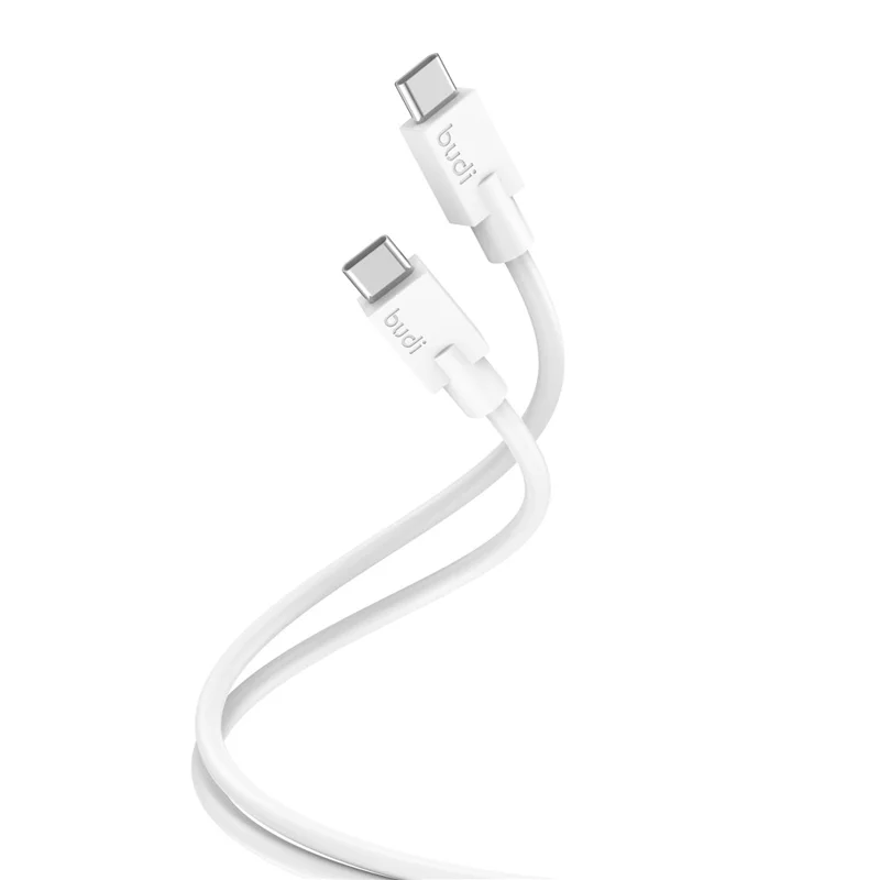 BUDI DC263TT12 1.2 متر كابل بيانات يو إس بي سي إلى يو إس بي سي، كابل سريع الشحن بقوة 65 واط من نوع PD، مصنوع من مادة TPE الناعمة - أبيض