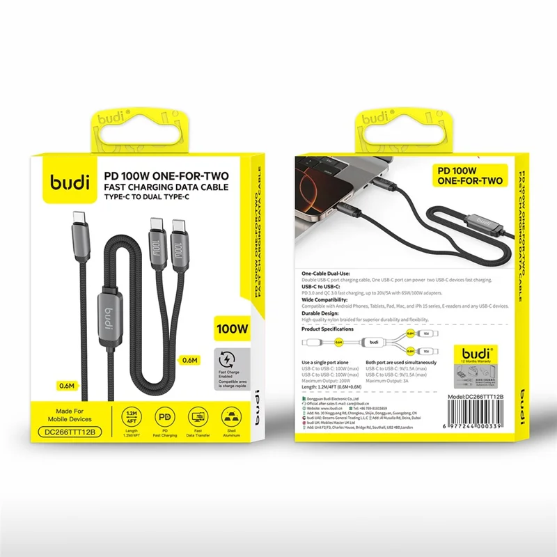 BUDI DC266TTT12B 1.2m PD 100W 2 in 1 USB C to USB C Fast Charging Data Braided Cable