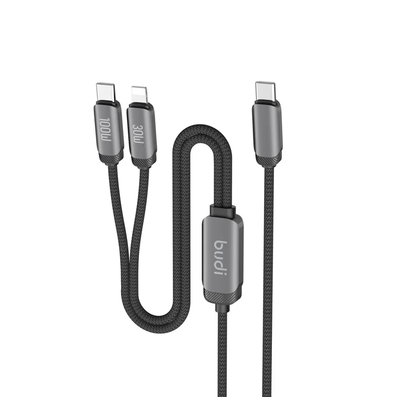 BUDI DC266TTL12B 1,2 m 2 in 1 USB C naar USB C / iP-kabel 100 W snel opladen, gegevenssynchronisatie, gevlochten kabel