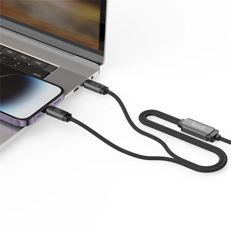 BUDI DC266TTL12B 1,2 m 2 in 1 USB C naar USB C / iP-kabel 100 W snel opladen, gegevenssynchronisatie, gevlochten kabel