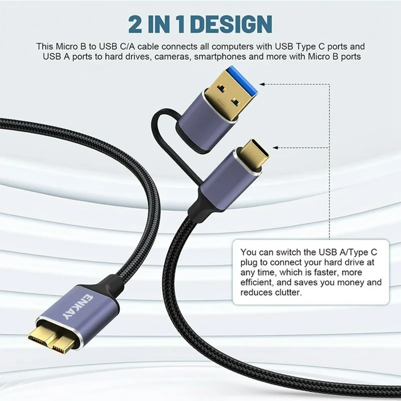 ENKAY HAT PRINCE 2 in 1 1.5m USB 3.0 A  /  Type-C to USB 3.0 Micro B Cable Camera Hard Drive Rapid Data Transfer