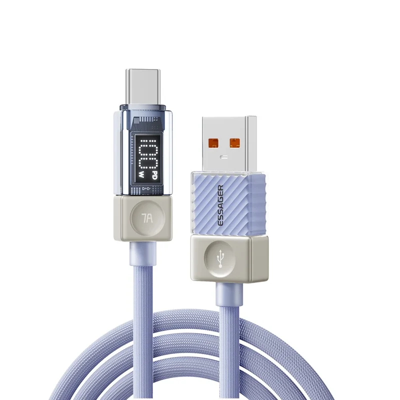 ESSAGER 1m USB-A to Type-C Cable 7A Data Cable Crystal Clear Digital Display Charging Cord - Blue
