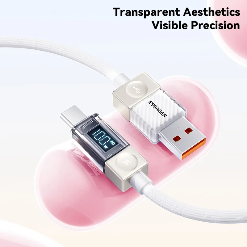 ESSAGER 1m USB-A to Type-C Cable 7A Data Cable Crystal Clear Digital Display Charging Cord - Blue