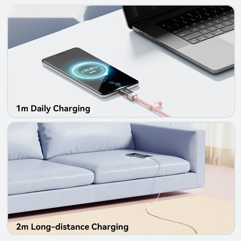 ESSAGER 1m USB-A to Type-C Cable 7A Data Cable Crystal Clear Digital Display Charging Cord - Blue