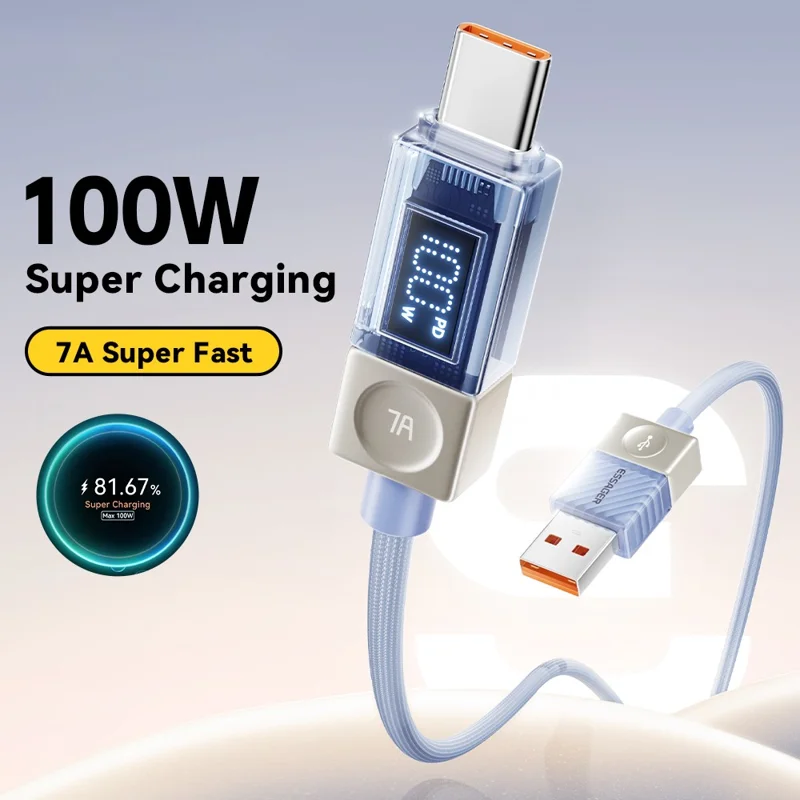 ESSAGER 1m USB-A to Type-C Cable 7A Data Cable Crystal Clear Digital Display Charging Cord - Blue