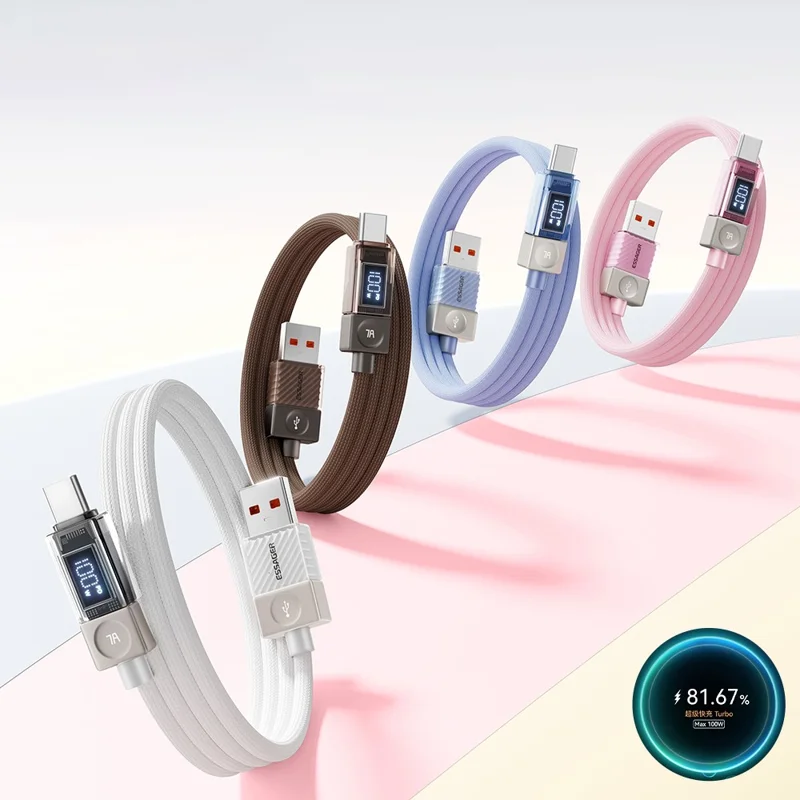 ESSAGER 2m USB-A to Type-C Cable 7A Data Cable Crystal Clear Digital Display Charging Cord - Blue