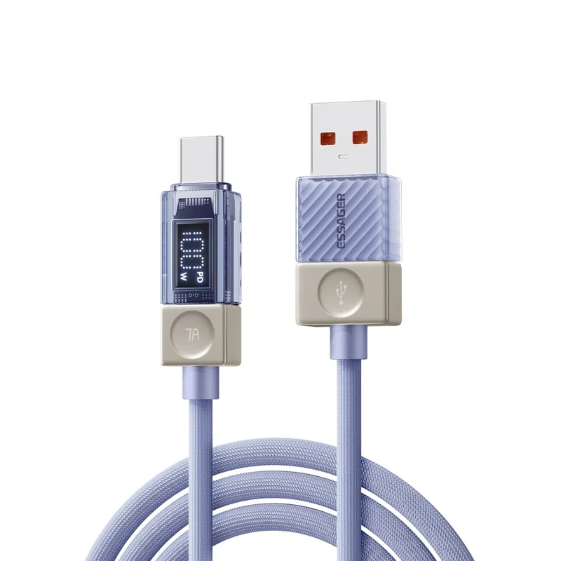 ESSAGER 2m USB-A to Type-C Cable 7A Data Cable Crystal Clear Digital Display Charging Cord - Blue