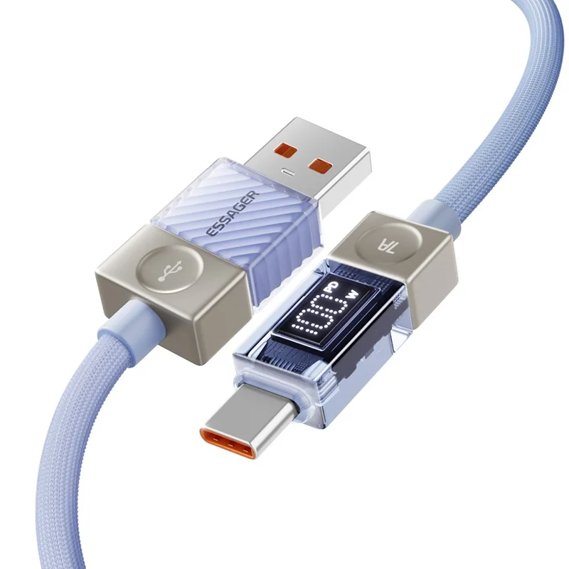ESSAGER 2m USB-A to Type-C Cable 7A Data Cable Crystal Clear Digital Display Charging Cord - Blue