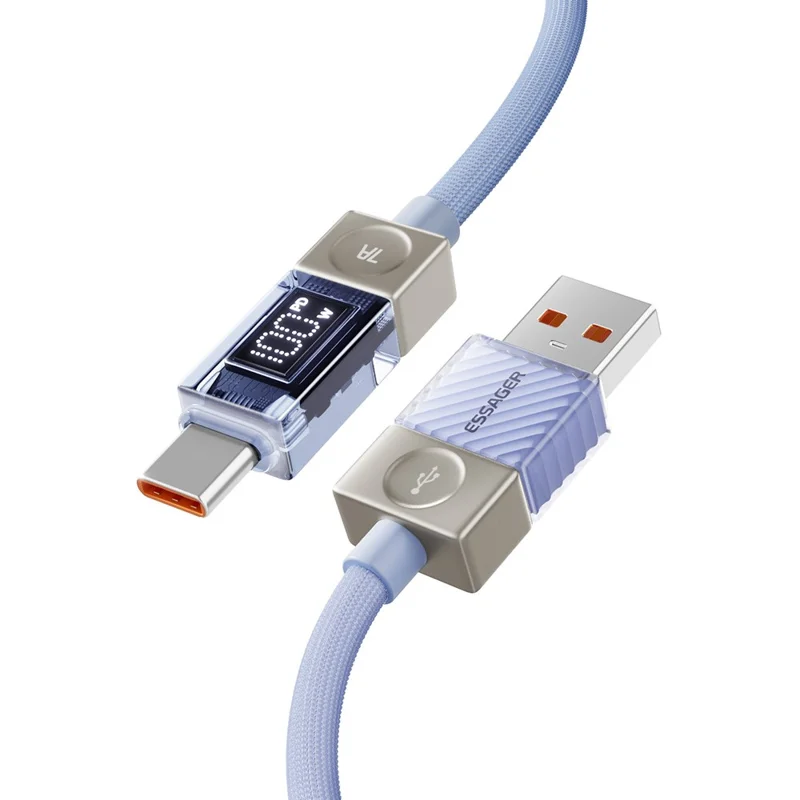 ESSAGER 2m USB-A to Type-C Cable 7A Data Cable Crystal Clear Digital Display Charging Cord - Blue