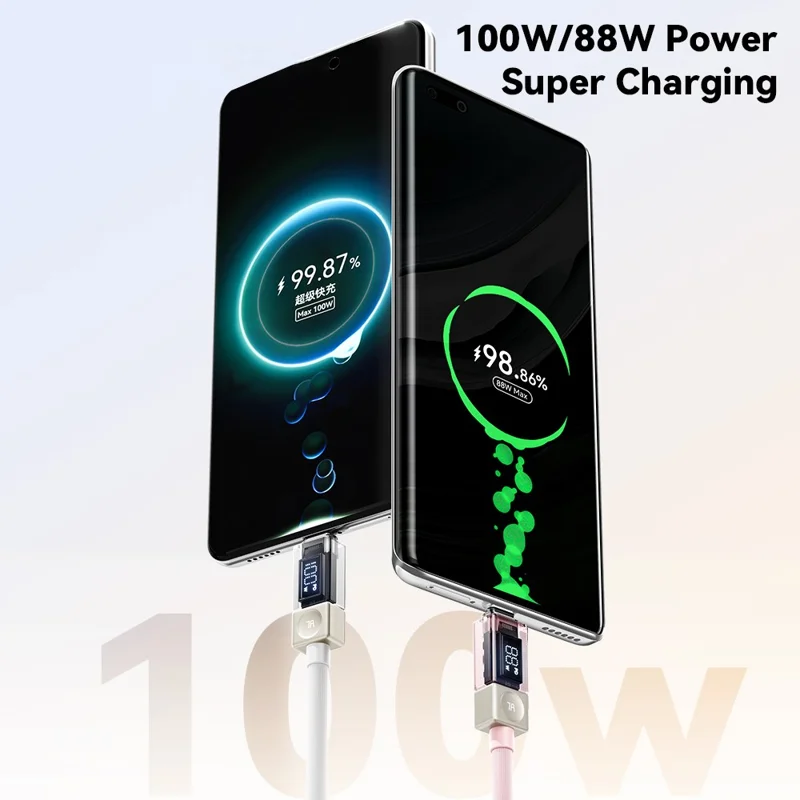 ESSAGER 2m USB-A to Type-C Cable 7A Data Cable Crystal Clear Digital Display Charging Cord - Blue