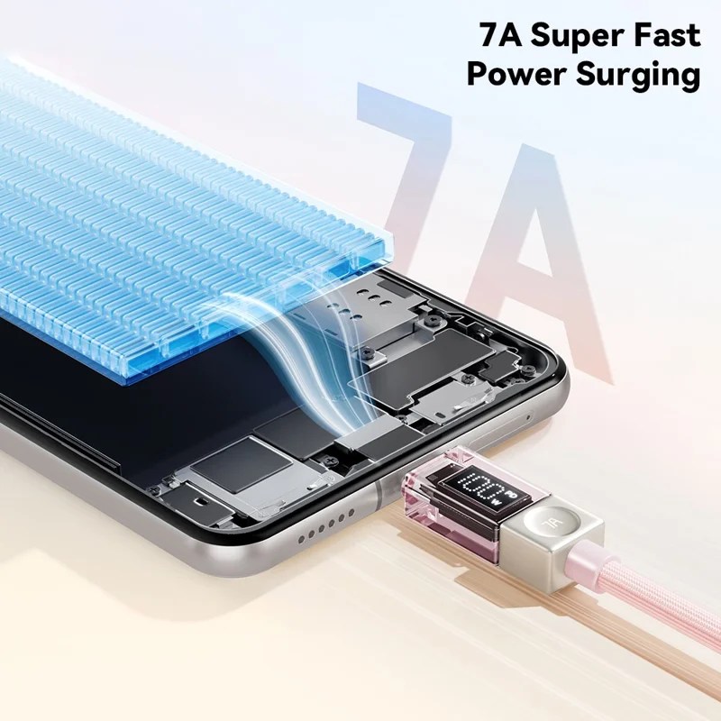 ESSAGER 2m USB-A to Type-C Cable 7A Data Cable Crystal Clear Digital Display Charging Cord - Blue