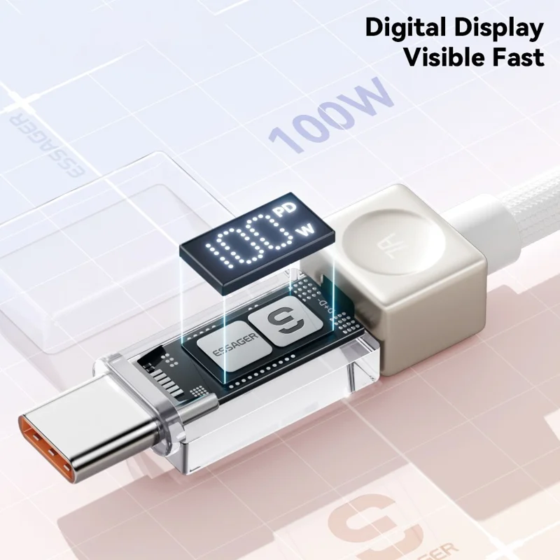 ESSAGER 2m USB-A to Type-C Cable 7A Data Cable Crystal Clear Digital Display Charging Cord - Blue