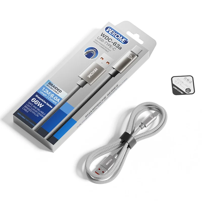 WEKOME WDC-63a USB to Type-C Charger Cable 1.2m 66W Fast Charging Data Transfer Braided Nylon Cord for Phone  /  Tablet - Grey