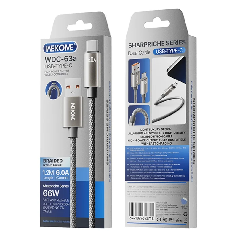 WEKOME WDC-63a USB to Type-C Charger Cable 1.2m 66W Fast Charging Data Transfer Braided Nylon Cord for Phone  /  Tablet - Grey