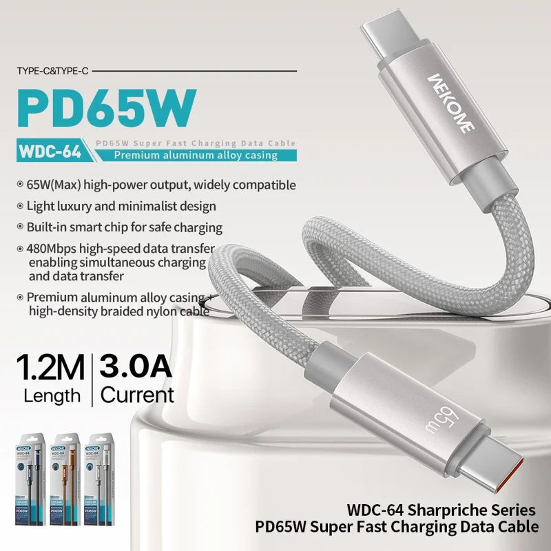 WEKOME WDC-64 Type-C to Type-C Charger Cable 1.2m PD 65W Fast Charging Cable 480Mbps Data Transfer Braided Cord - Grey