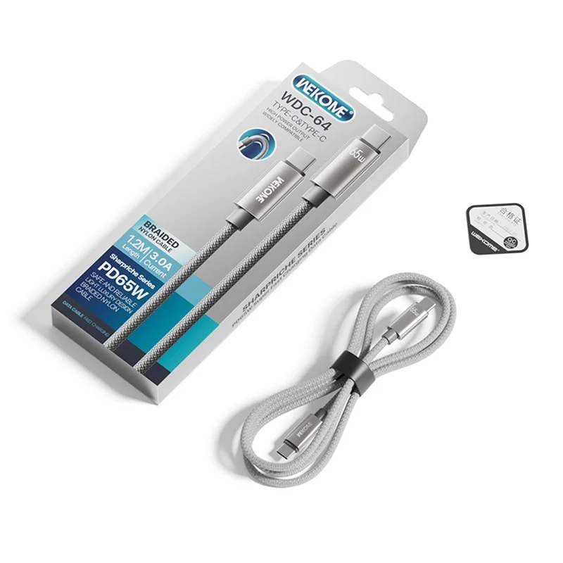 WEKOME WDC-64 Type-C to Type-C Charger Cable 1.2m PD 65W Fast Charging Cable 480Mbps Data Transfer Braided Cord - Grey