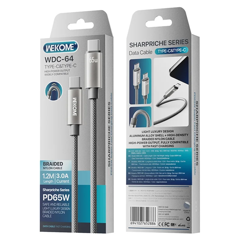 WEKOME WDC-64 Type-C to Type-C Charger Cable 1.2m PD 65W Fast Charging Cable 480Mbps Data Transfer Braided Cord - Grey