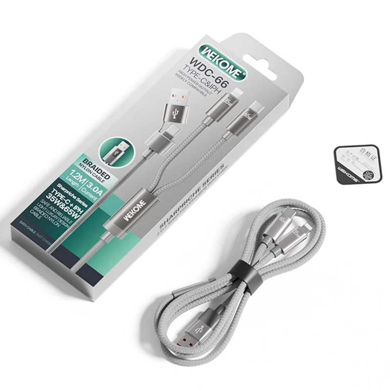 WEKOME WDC-66 USB / Type-C till Type-C / iP-kabel 1,2 m 3 A 65 W extra snabb laddnings- och datasynkkabel - Grå